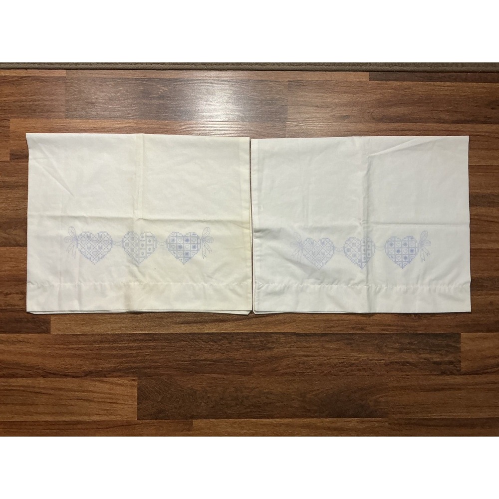 2pc Vintage White Pillowcases STAMPED for Embroidery Cotton 3 ❤️'s 30in X 20in